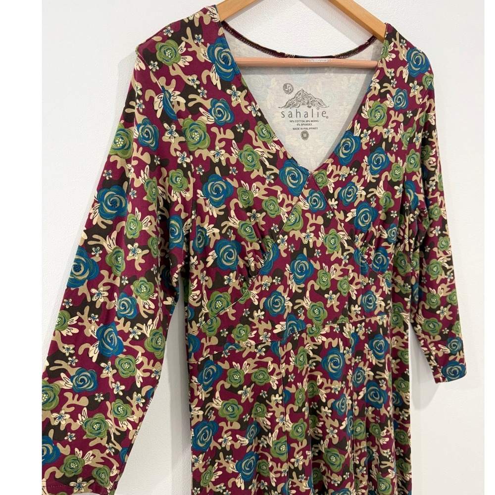 Sahalie Women Floral Midi Dress Burgundy V-Neck 3/4 Sleeve Cotton Modal Blend M - Picture 2 of 10